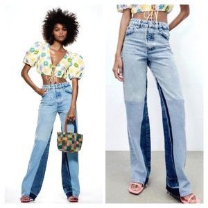 Zara Wide Leg Patchwork Collection Two Tone Jean Size 8
